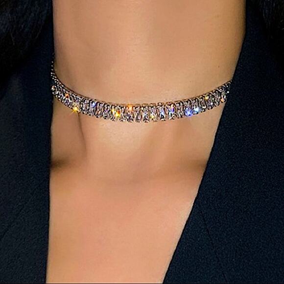 STERLING SILVER DIAMOND ZIRCON RHINESTONE CHOKER NECKLACES - Picture 3 of 8